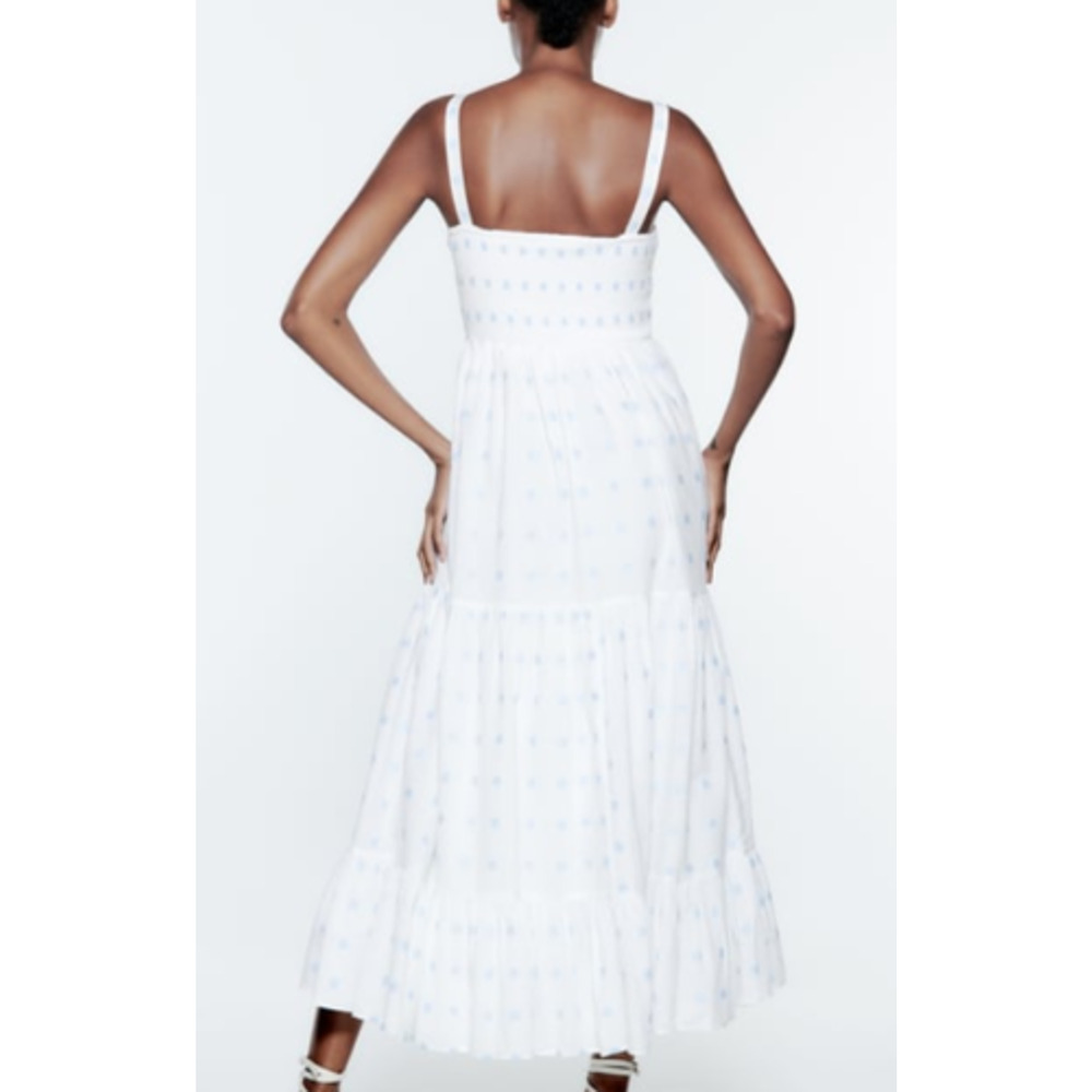 Zara Floral Embroidered Tiered Maxi Sundress Smocked White Blue Dress Size Large - Picture 12 of 16